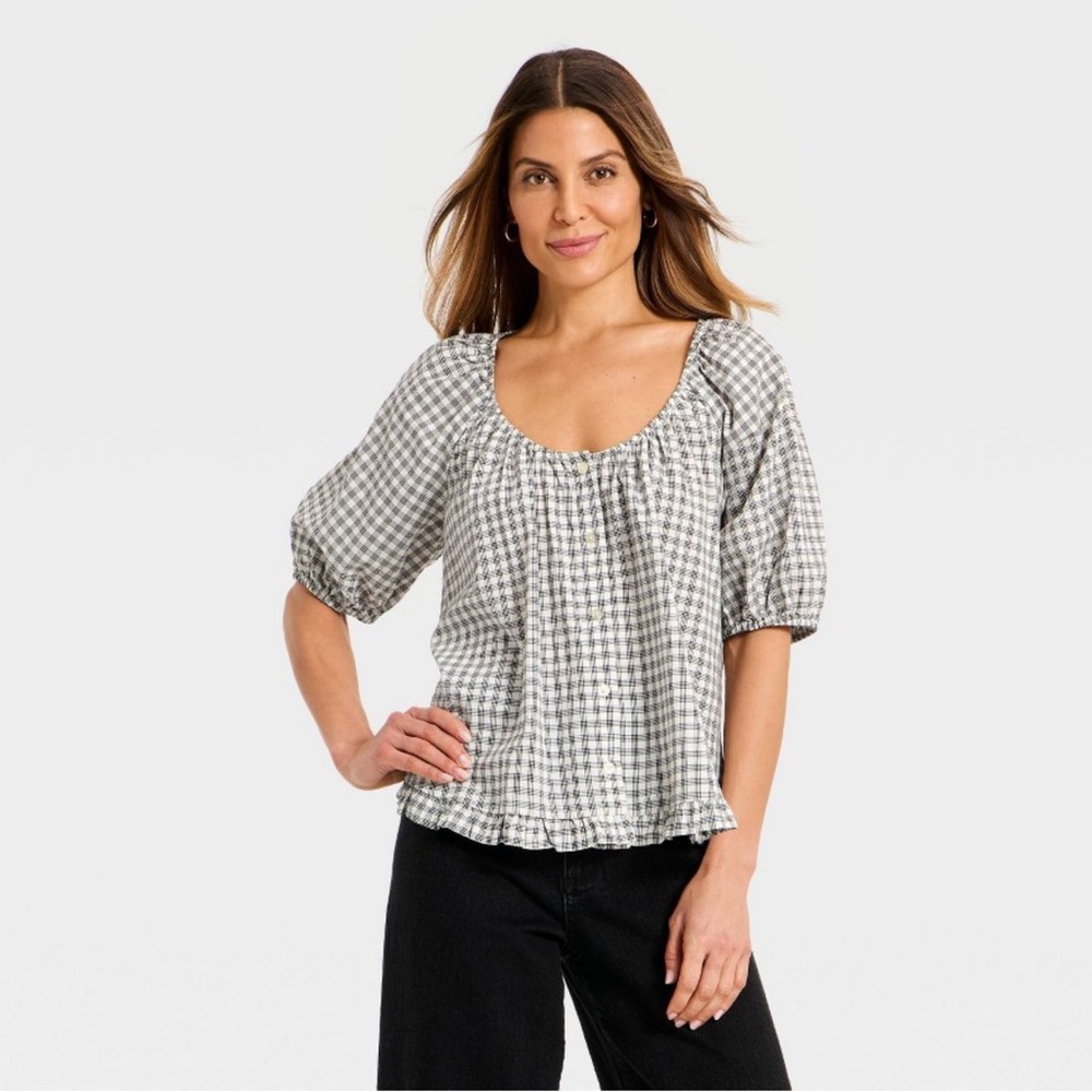 Universal Thread Gingham Puff Sleeve Blouse - Black and White